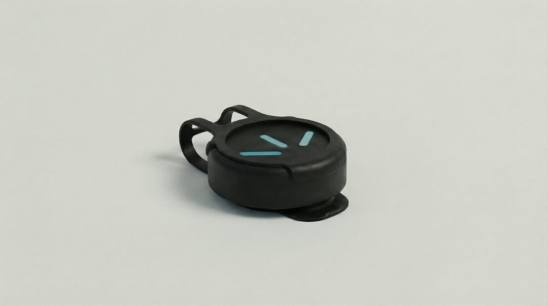 Le bouton d'alarme Bluetooth Alarmira en option, un petit disque noir portant la marque