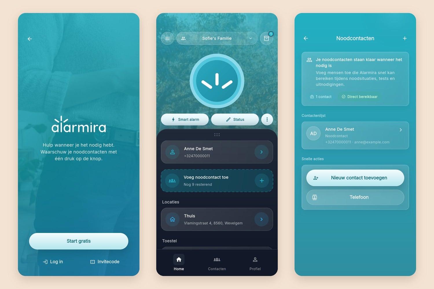 Drie schermen van de Alarmira-app: het welkomscherm, het startscherm met de alarmknop, en de lijst met noodcontacten