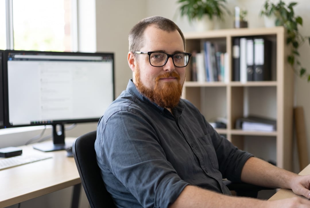 Levi Van Zele aan het werk aan zijn bureau