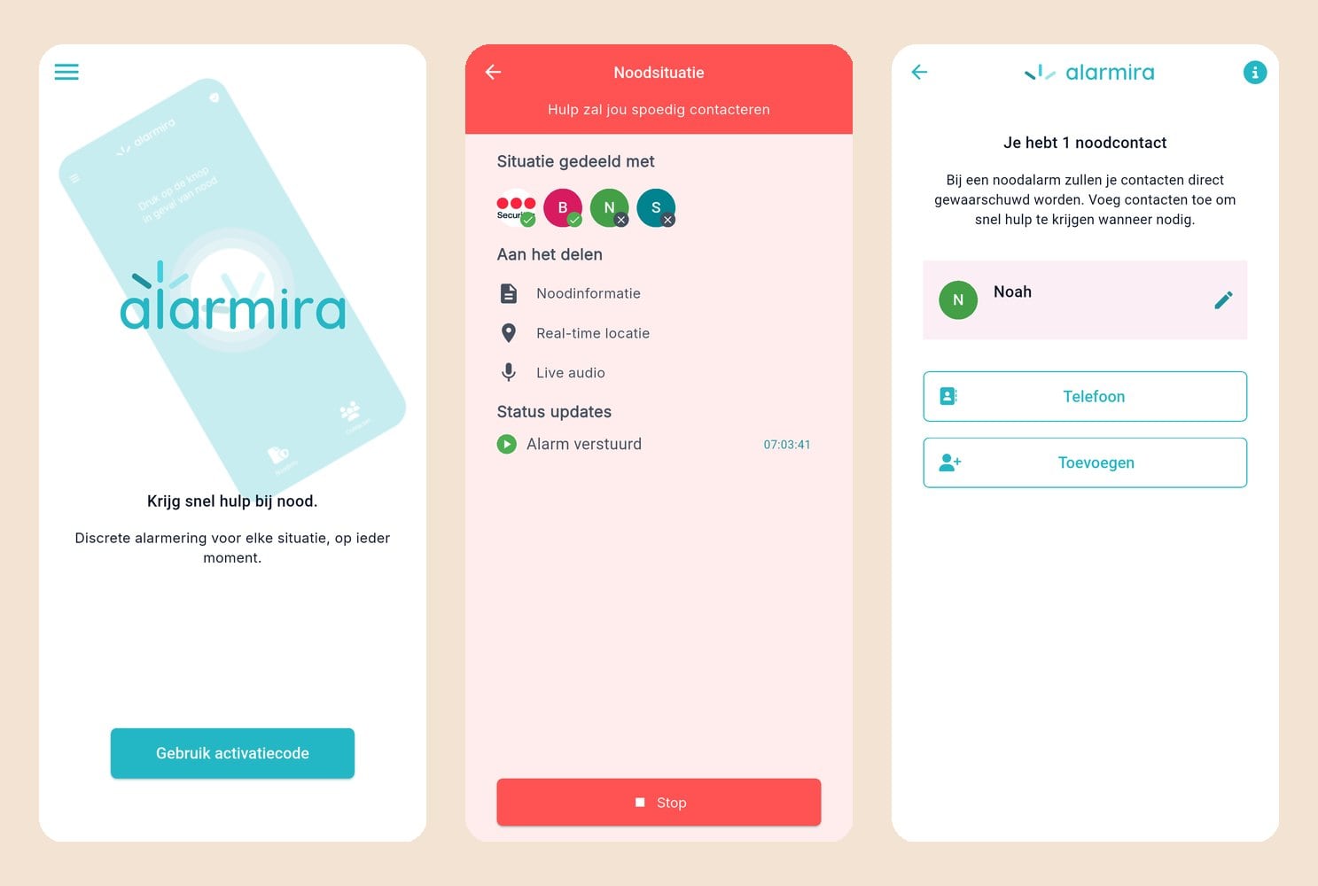 Three screens of the Alarmira app: onboarding, an active emergency being shared, and an emergency contact