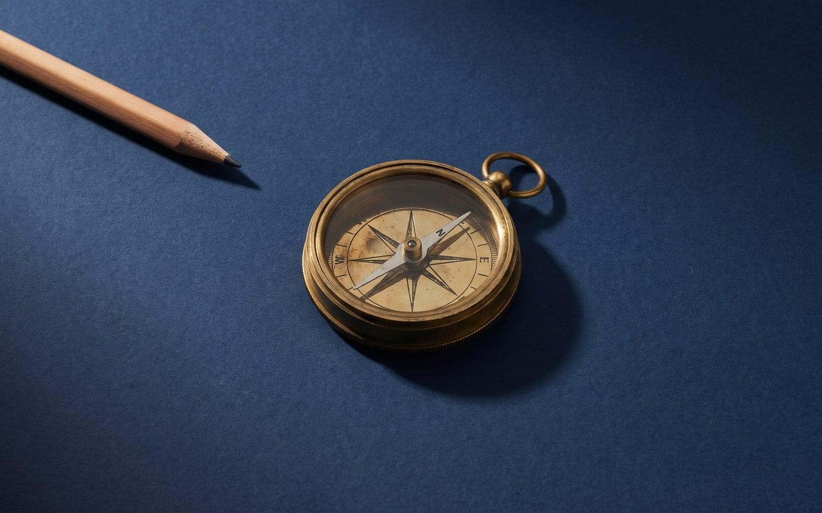 Une boussole en laiton et un crayon sur une surface bleu marine